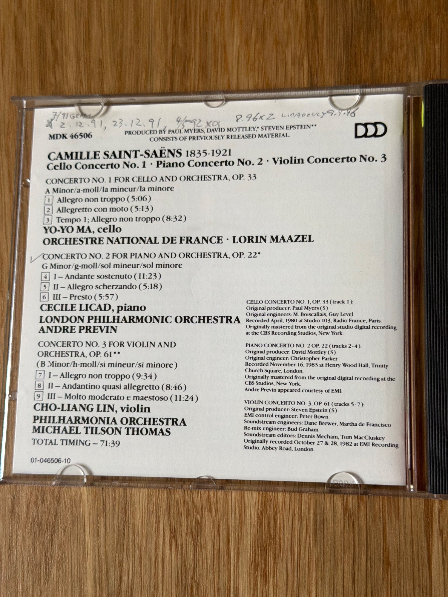 Saint Saens Cello Concerto No. 1. Piano Concerto No.2. Violin Concerto No. 3.